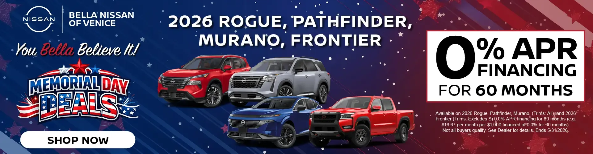 2026 Nissan Rogue Pathfinder Murano Frontier zero percent financing for 60 months at Bella Nissan of Union City